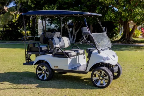 Modern model of electric golf carts designed in white that is placed on the green grass of a golf course to see its details.
