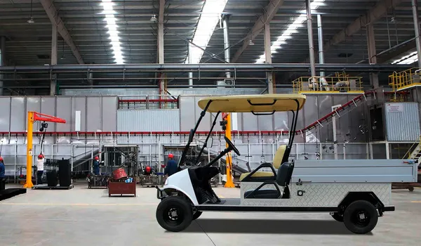 View of this model of golf carts that is currently operating as a cargo vehicle for commercial or residential use.