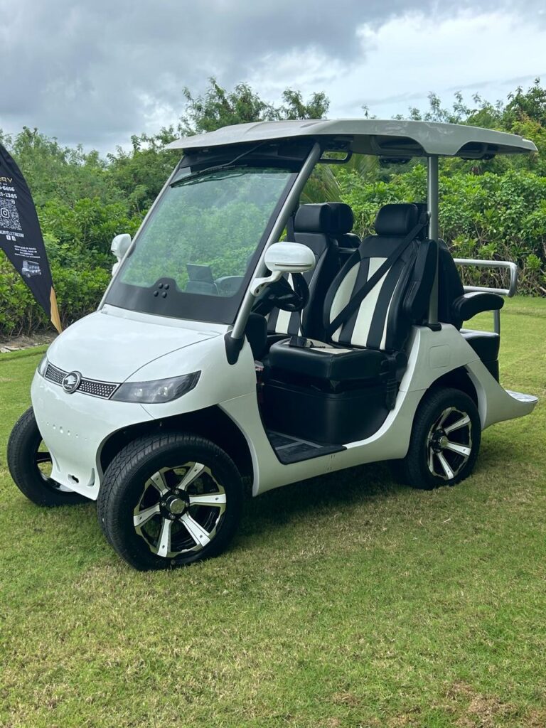 Carrito de golf blanco eléctrico de Luxury Electric, elegante y eficiente para un recorrido suave por el campo de golf.