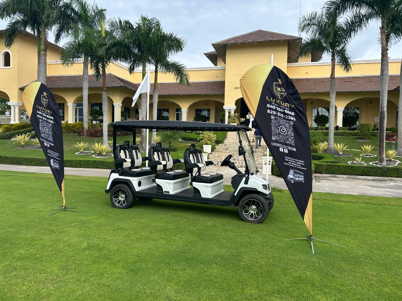 Carrito de golf eléctrico de 6 espacios, ideal para recorrer el campo de golf con comodidad y estilo.