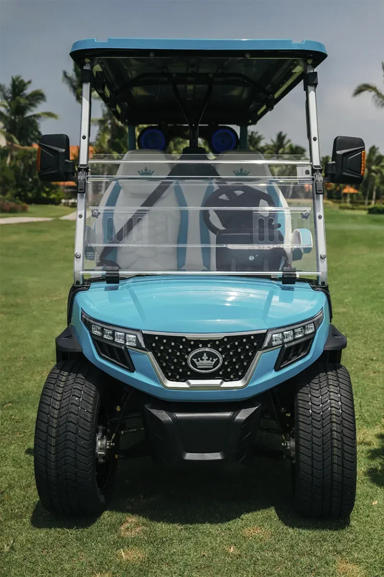 A D-MAX GT6 series car evolution, is in front of the cart and is blue color