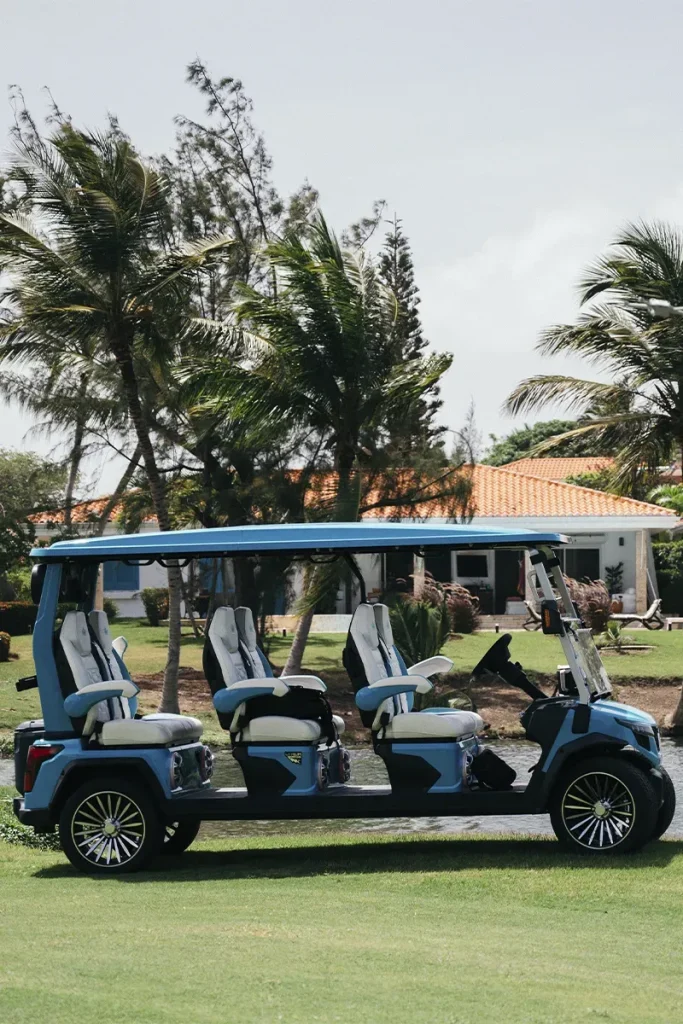 En el exterior, evolución carrito serie D-MAX GT6, es de color azul el carrito de golf