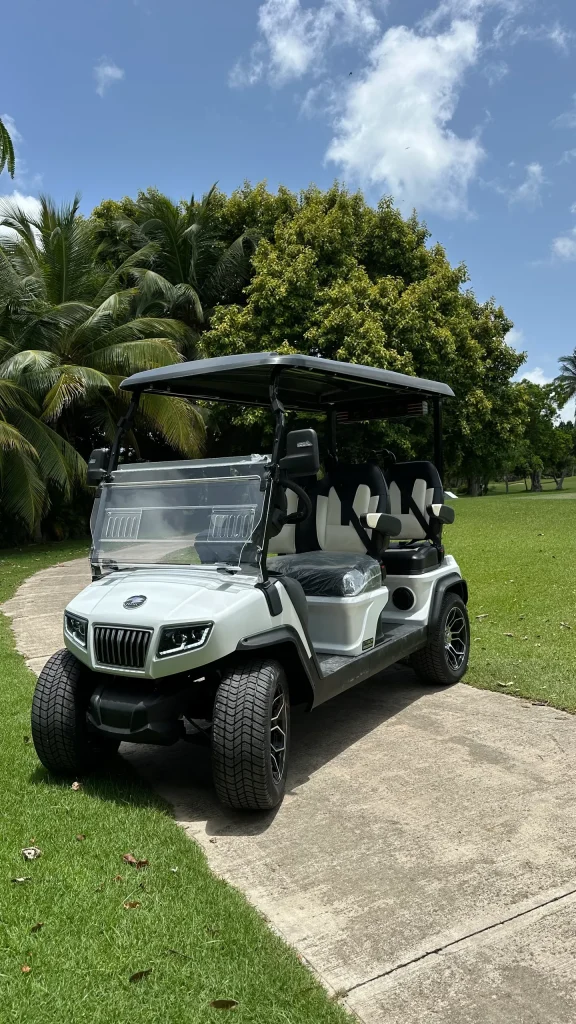 Carrito de golf con una batería recargable, muestra una de las ventajas de elegir un carro de golf eléctrico vs golf de gasolina