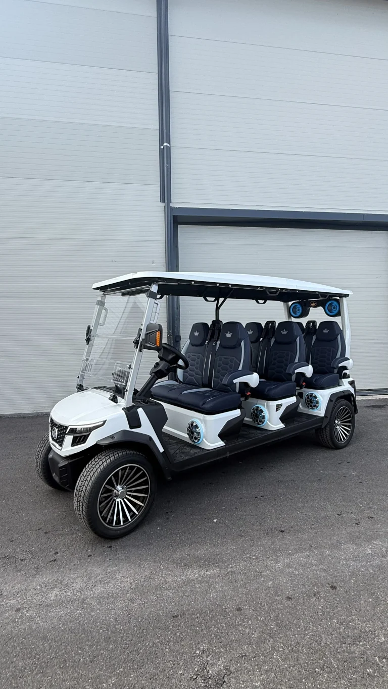 An Evolution D-MAX golf cart, parked and perfectly maintained, showcasing its modern design, comfort, performance, and excellent maneuverability.