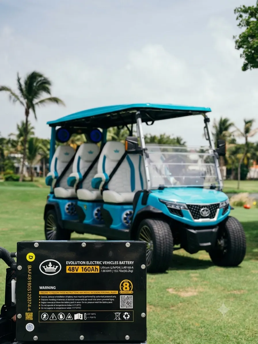Lithium battery for golf carts accompanying a vehicle on the course, providing consistent power, extended range, and maximum efficiency.