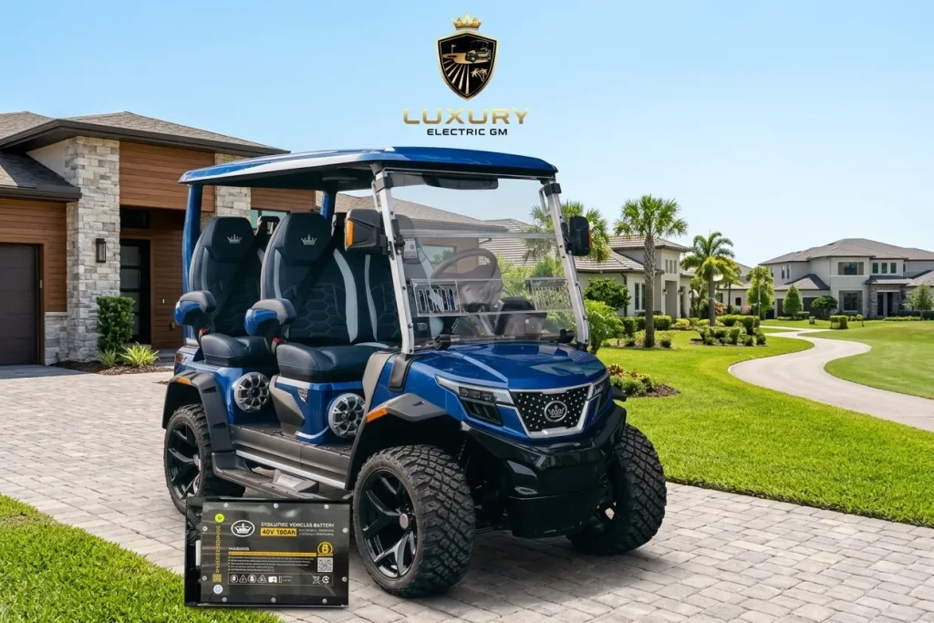 Lithium battery for golf carts installed alongside a residential vehicle, offering energy efficiency, superior range, and consistent performance.