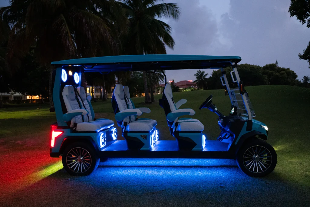 D MAX series 6-passenger golf cart with LED lighting, comfortable seats, and a sleek design for the course.